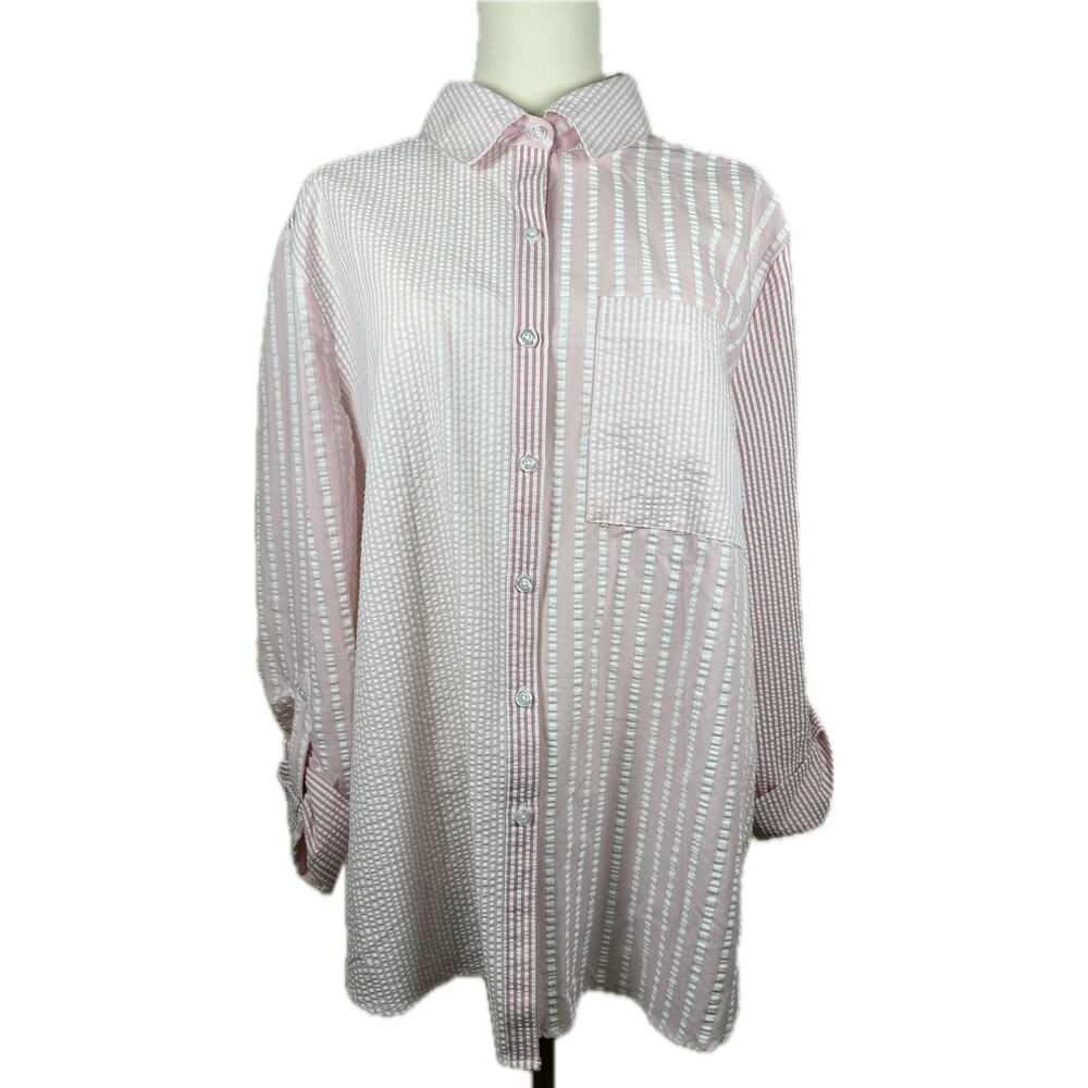 Casa Cabana Women’s XL Pink and White Striped 1-pocket Button Down